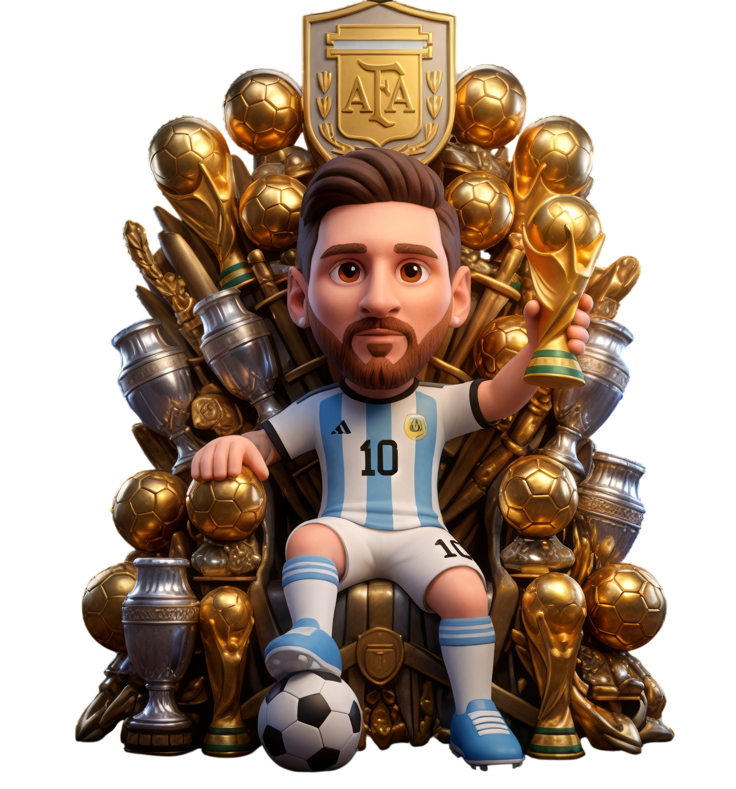Lionel Messi seated on a golden trophy throne